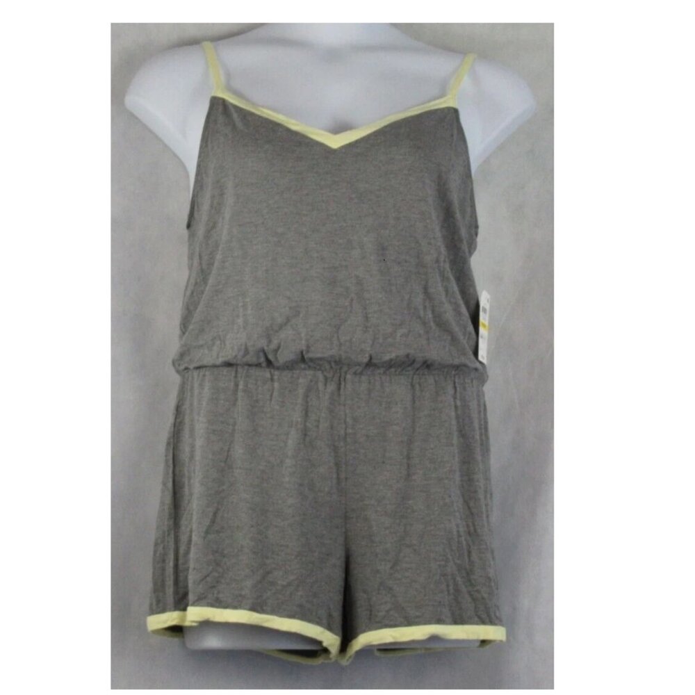 Alfani Women's Ultra Soft Contrast-Trim Pajama Romper Loungewear, Gray, Medium